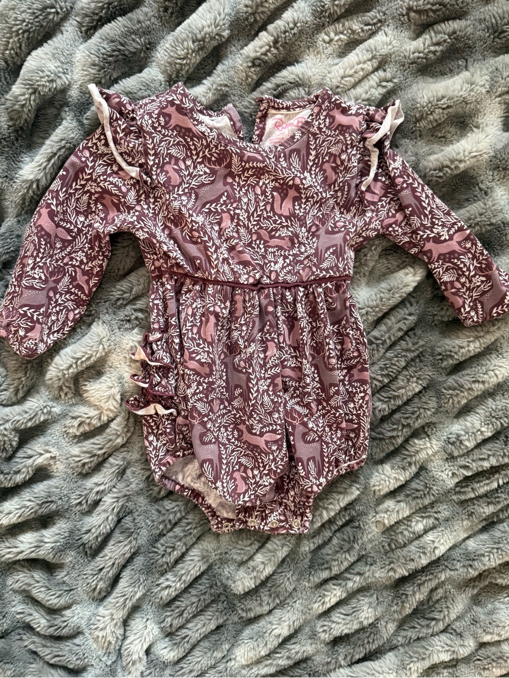 Ruffle Butts Mauve Purple Fox Print Long Sleeve Romper
